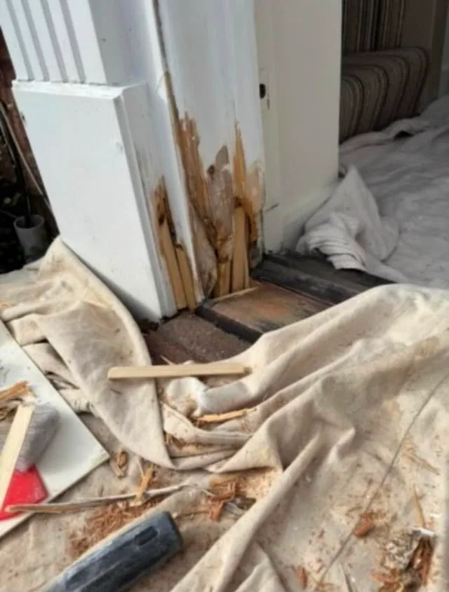 Before photo of a rotted exterior door frame in Tampa: the bottom of the white door jamb and casing with the paint removed to expose rotted wood above the old dark threshold
