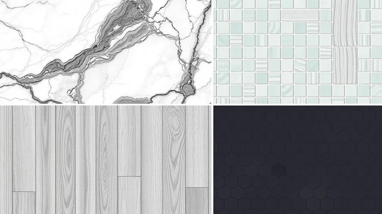 Four popular 2026 bathroom tile designs: marble-look porcelain, zellige, wood-look plank, matte black hex.
