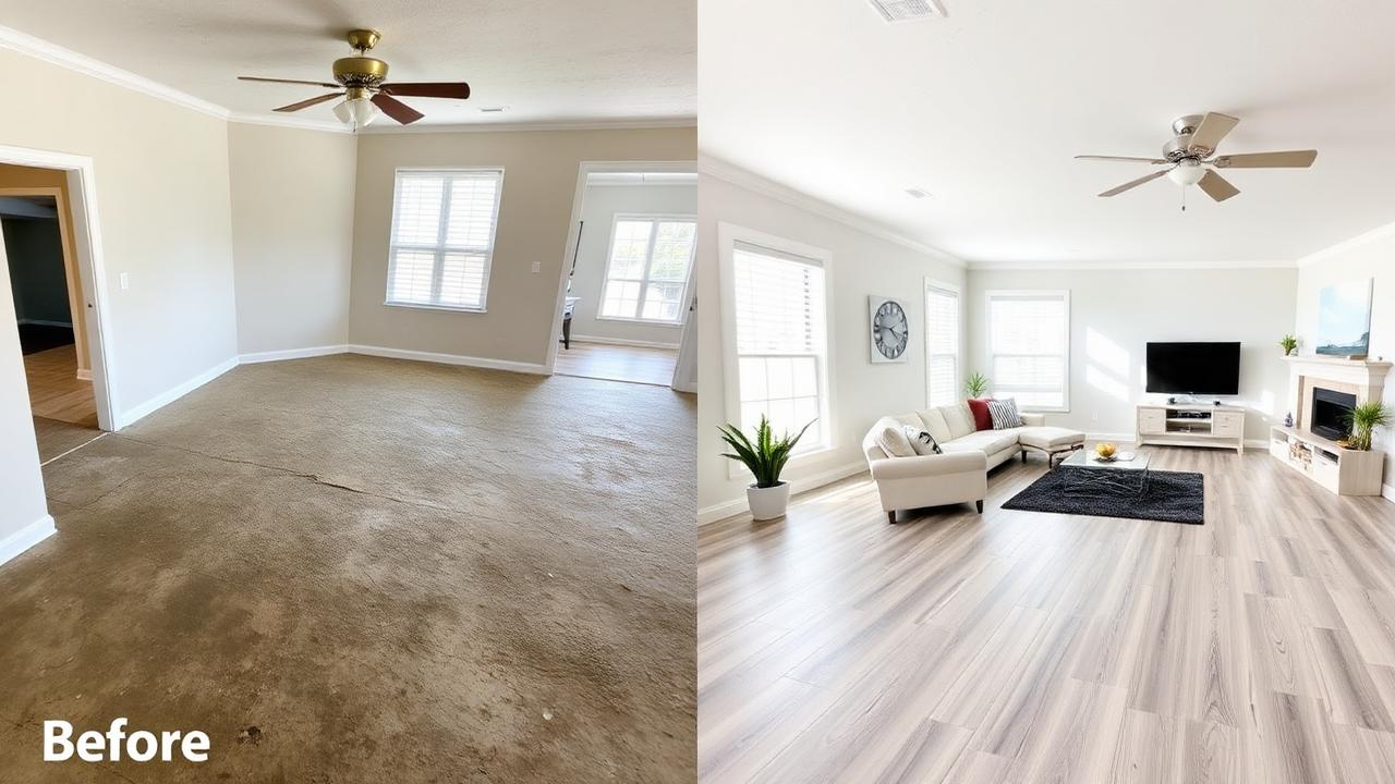Before and after: worn carpet replaced with luxury vinyl plank flooring in a Tampa living room.
