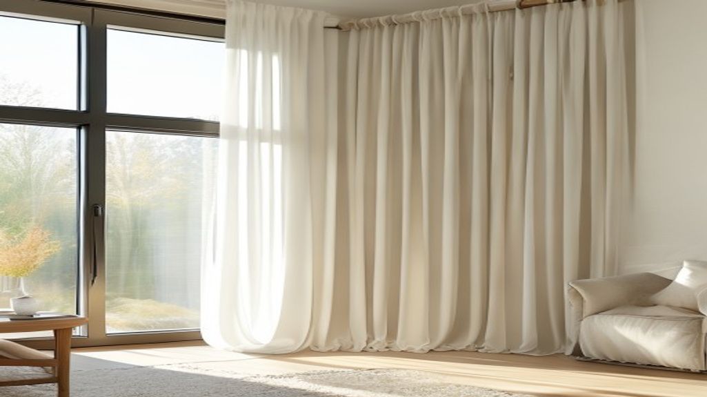 A curtain rod with flowing white linen curtains mounted above a large window in a bright Tampa living room