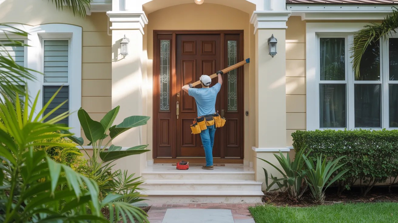 Handyman installing a new exterior door on a Tampa Florida home with warm sunlight