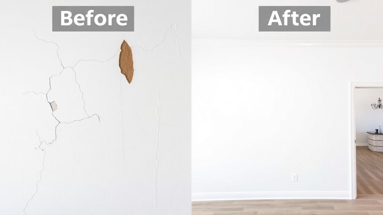 Before and after drywall repair on a Tampa home interior wall.