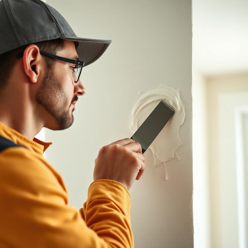 Tampa handyman smoothing joint compound on a drywall patch with a putty knife