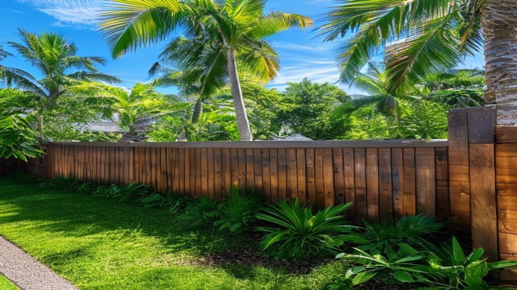 New cedar privacy fence installed in a lush Florida backyard with tropical landscaping