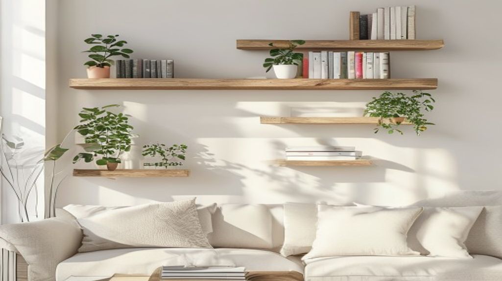 Two wooden floating shelves mounted on a white living room wall styled with books and plants in a bright Tampa home