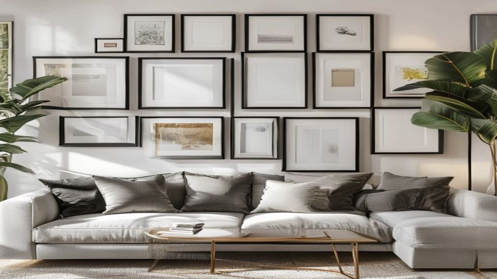 A styled gallery wall with matching black frames arranged in a neat grid above a sofa in a bright Tampa living room