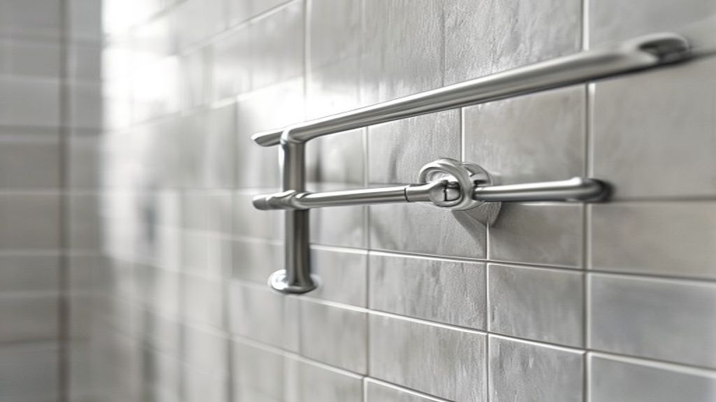 A stainless steel safety grab bar securely mounted on a tiled bathroom shower wall in a Tampa home