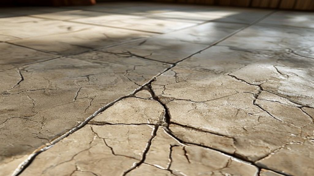 A cracked ceramic floor tile with visible crack lines among surrounding tiles in a Tampa home