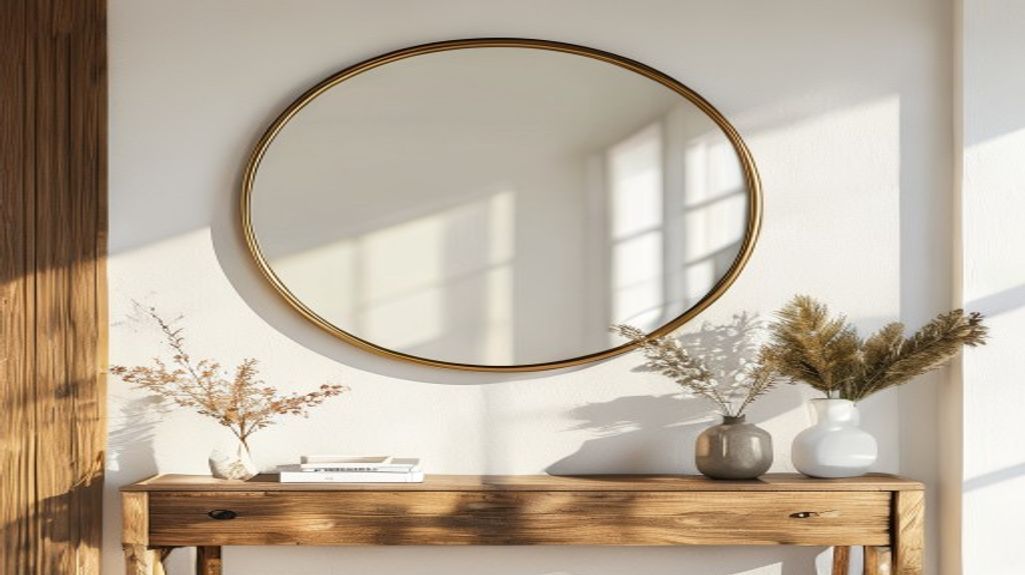 A large round brass-framed mirror securely mounted on a white wall above a wooden console table in a bright Tampa home