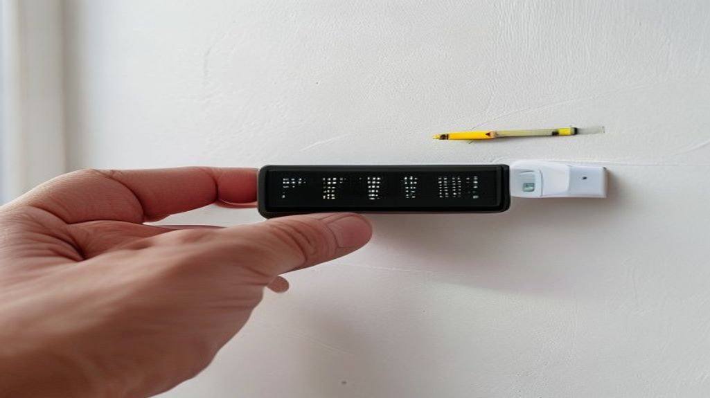 A hand holding an electronic stud finder against a white interior wall with a pencil mark showing the stud location