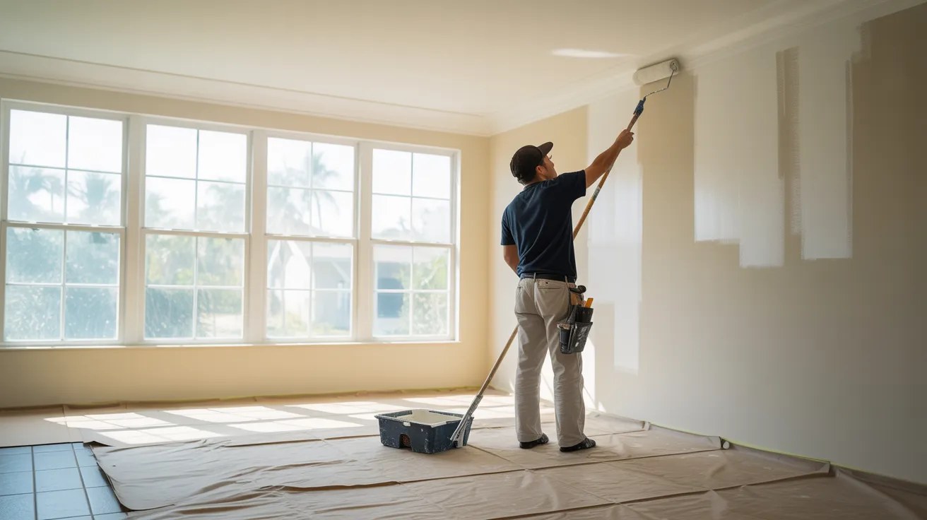 Interior painter rolling fresh white paint on living room walls in a Tampa Florida home