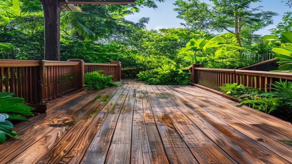 A freshly stained pressure-treated wood deck with railings in a lush Tampa backyard