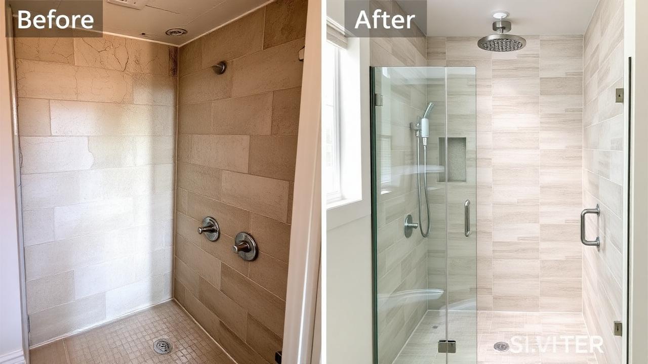 Before and after of a Tampa shower remodel with new tile and glass enclosure.