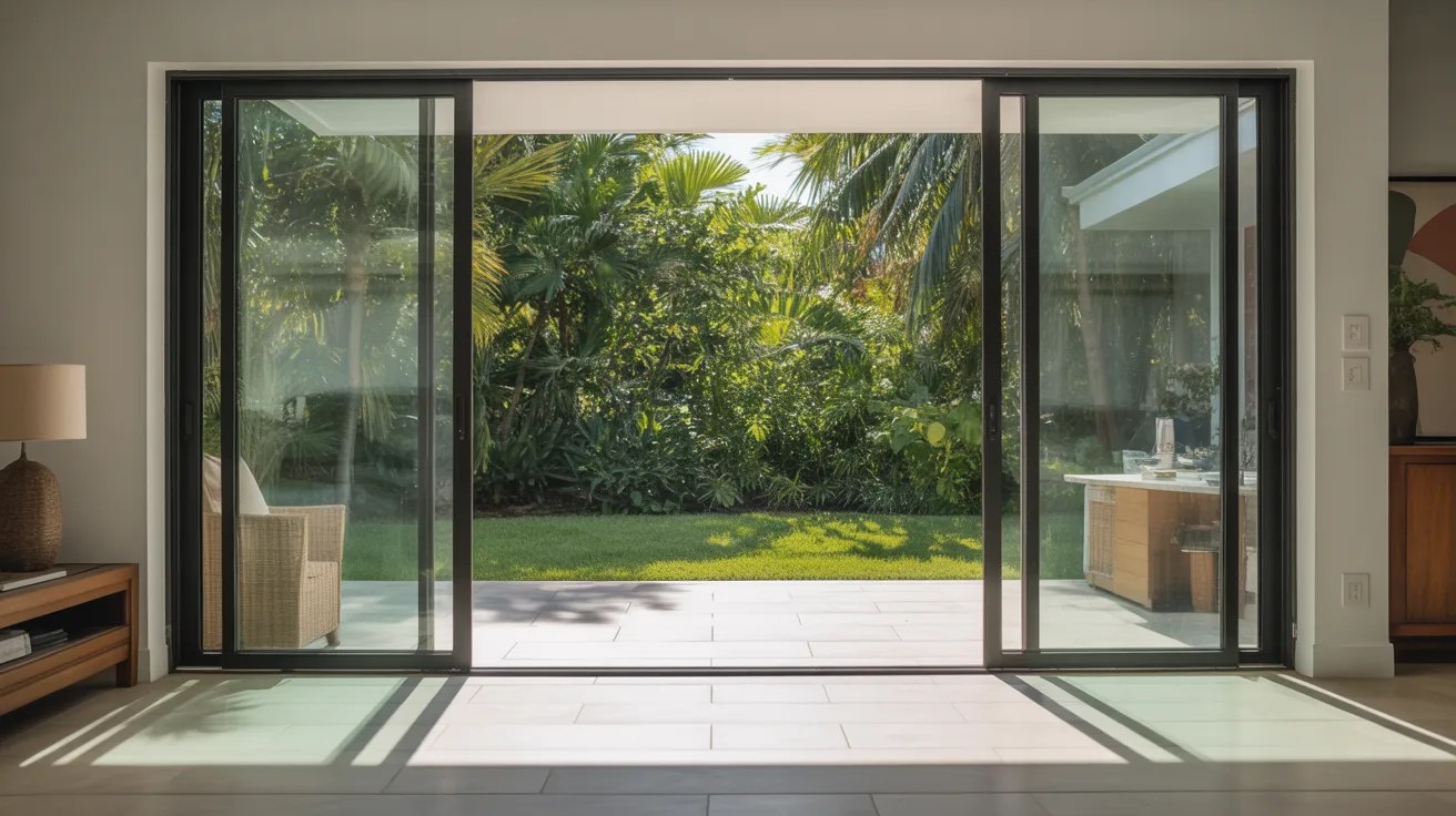 Modern sliding glass patio door open to a lush Florida backyard with natural sunlight