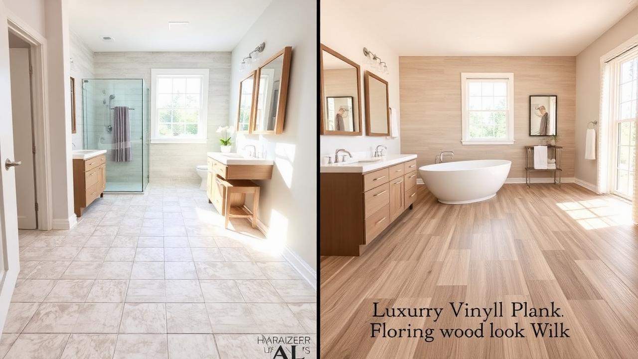Comparison of porcelain tile flooring and luxury vinyl plank in two Tampa bathrooms.