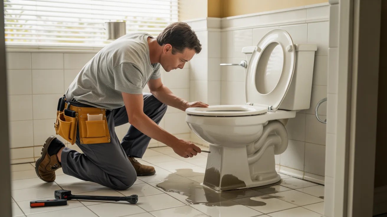 Handyman inspecting a toilet base leak in a Tampa bathroom with water on tile floor