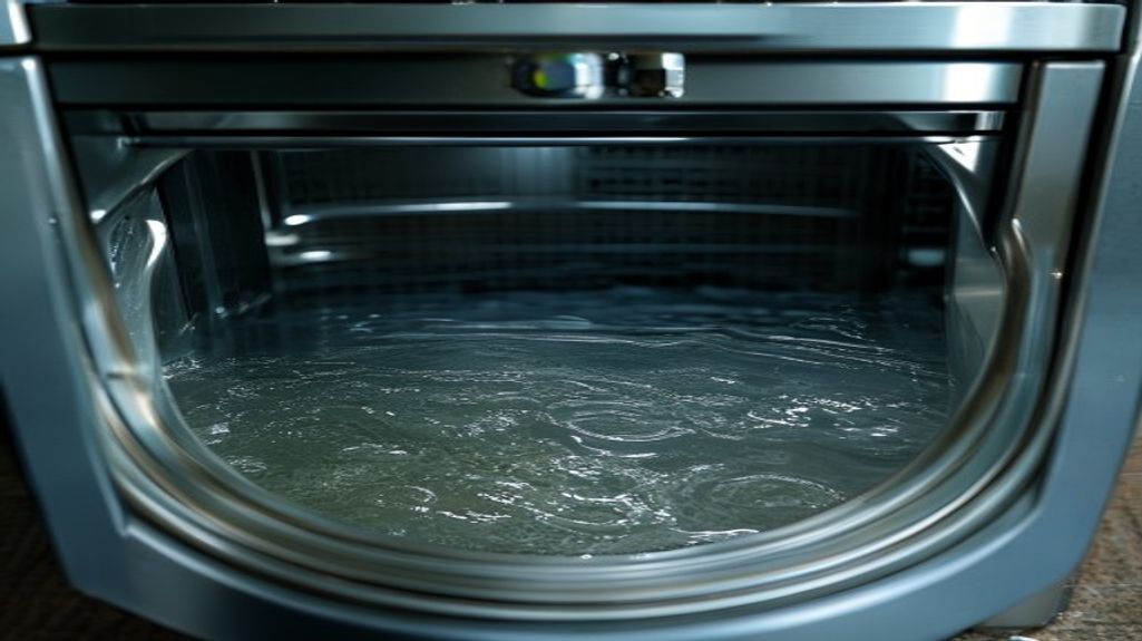 Standing water pooled in the bottom of a stainless steel dishwasher in a Tampa kitchen