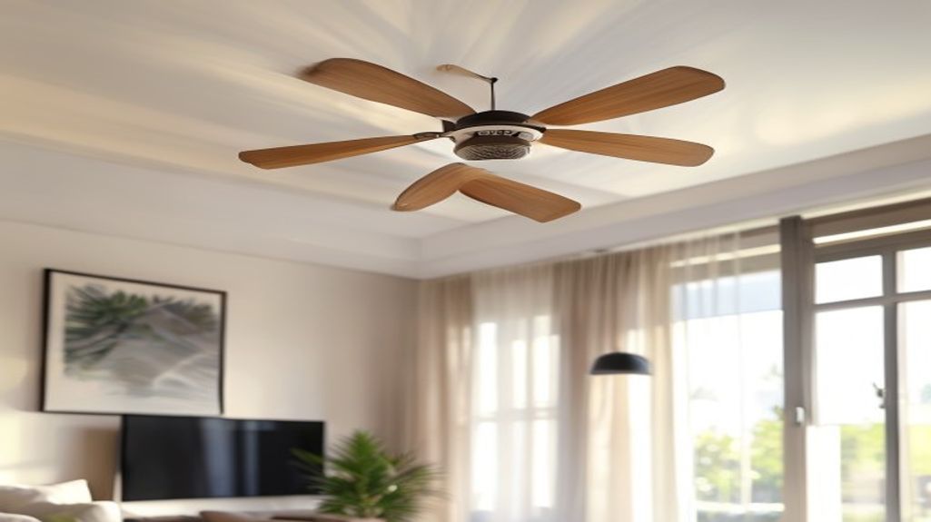 A modern wood-bladed ceiling fan mounted on a white ceiling in a bright Tampa living room