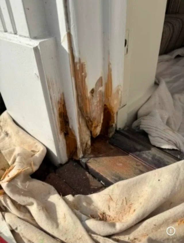 Rotted exterior door jamb in Tampa cut back to sound wood during the repair, with the soft material removed at the bottom of the frame